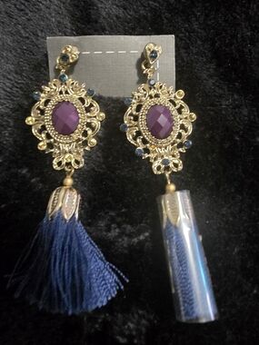Gold Filigree Drop Earrings with Purple Gem and Navy Tassel